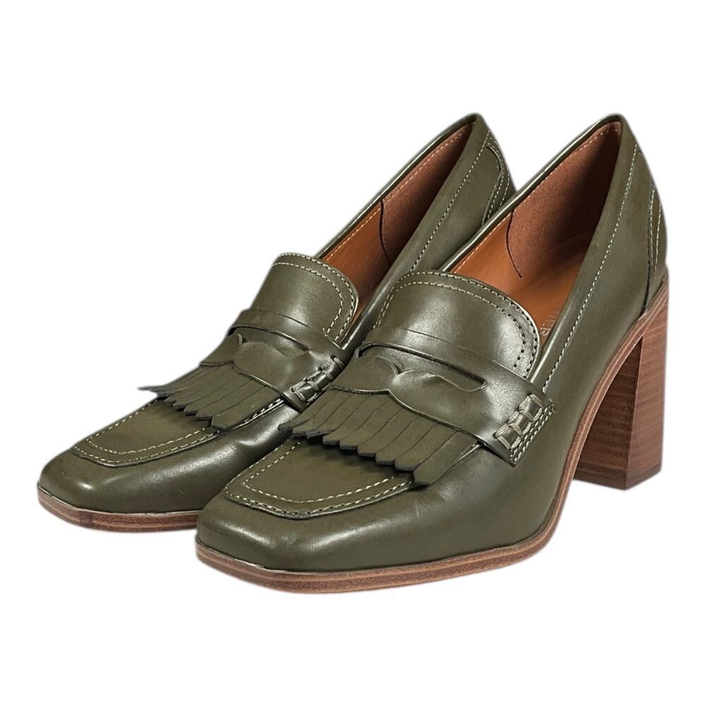 Marc Fisher Olive Green Chunky Heel Loafer Pumps Size 7.5 Fringe Preppy Block - Picture 6 of 12